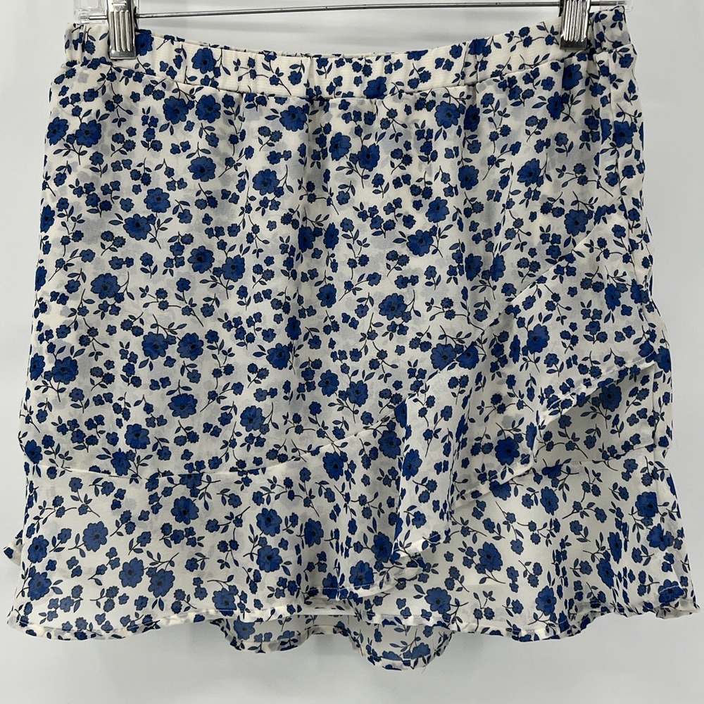 Le Lis Blue Ivory Floral Sheer Smocked‎ Mini Skirt Lined Fairy Feminine Med USA